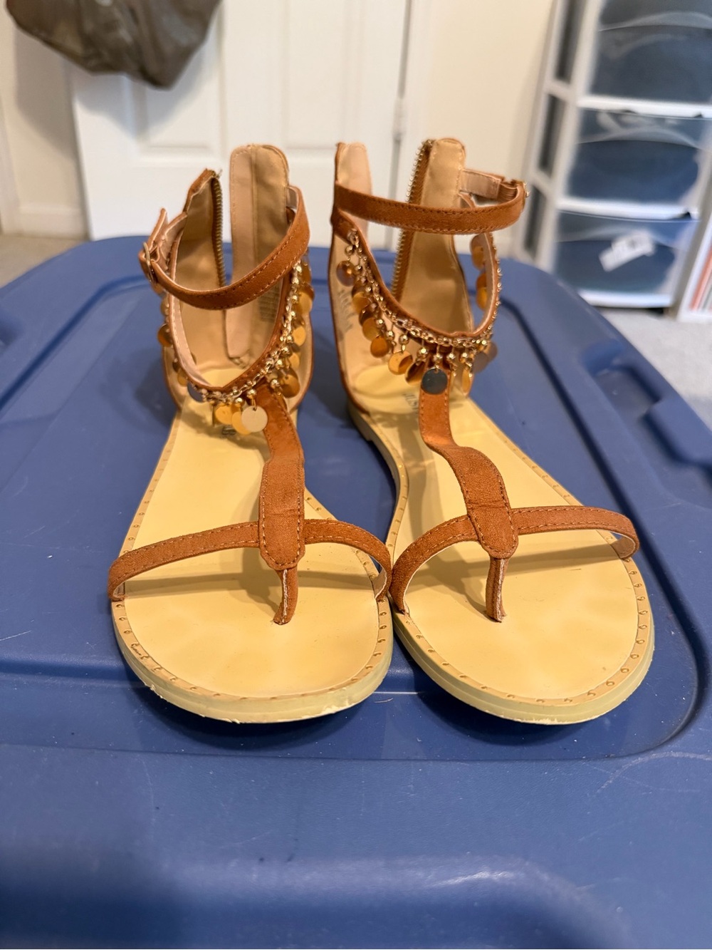 JustFab Tan Brown T-Strap Jeweled Sandals